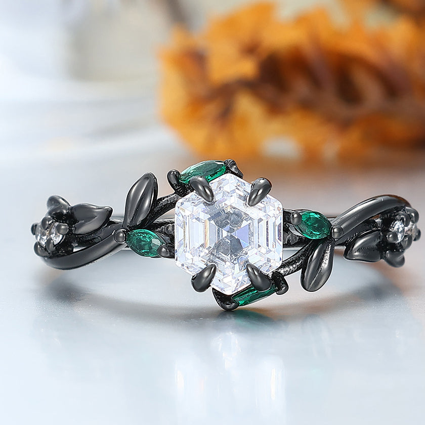 Art Deco Hexagonal Moissanite Twig Engagement Ring Emerald Accents Bridal Ring -  Esdomera.com