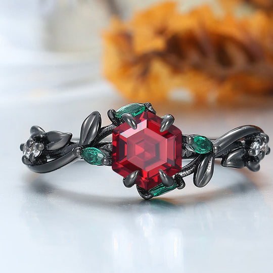 Art Deco Hexagonal Nature Red Garnet Twig 14k Black Gold Engagement Ring Emerald Accents Bridal Ring