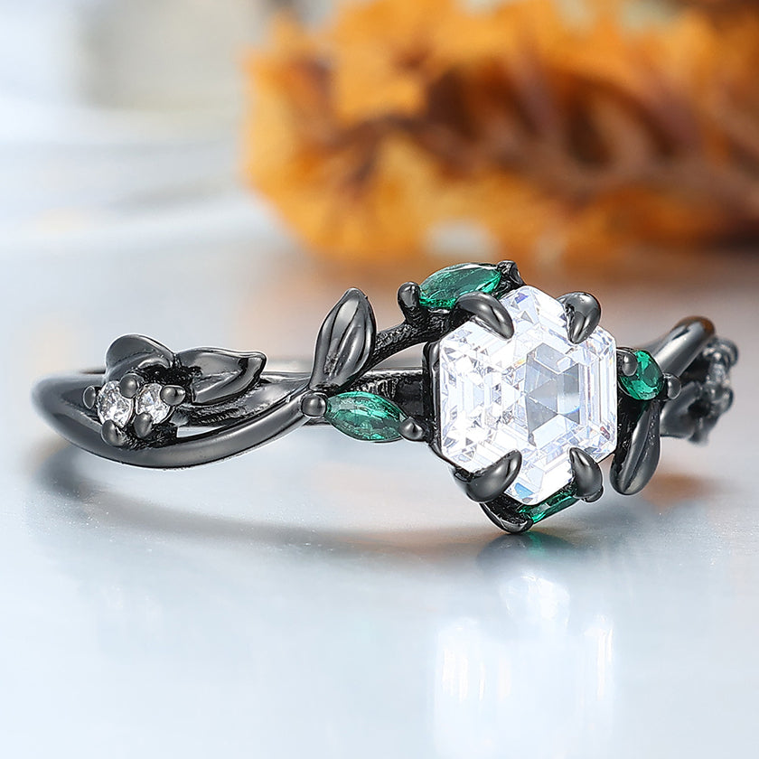 Art Deco Hexagonal Moissanite Twig Engagement Ring Emerald Accents Bridal Ring -  Esdomera.com