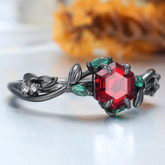 Art Deco Hexagonal Nature Red Garnet Twig 14k Black Gold Engagement Ring Emerald Accents Bridal Ring