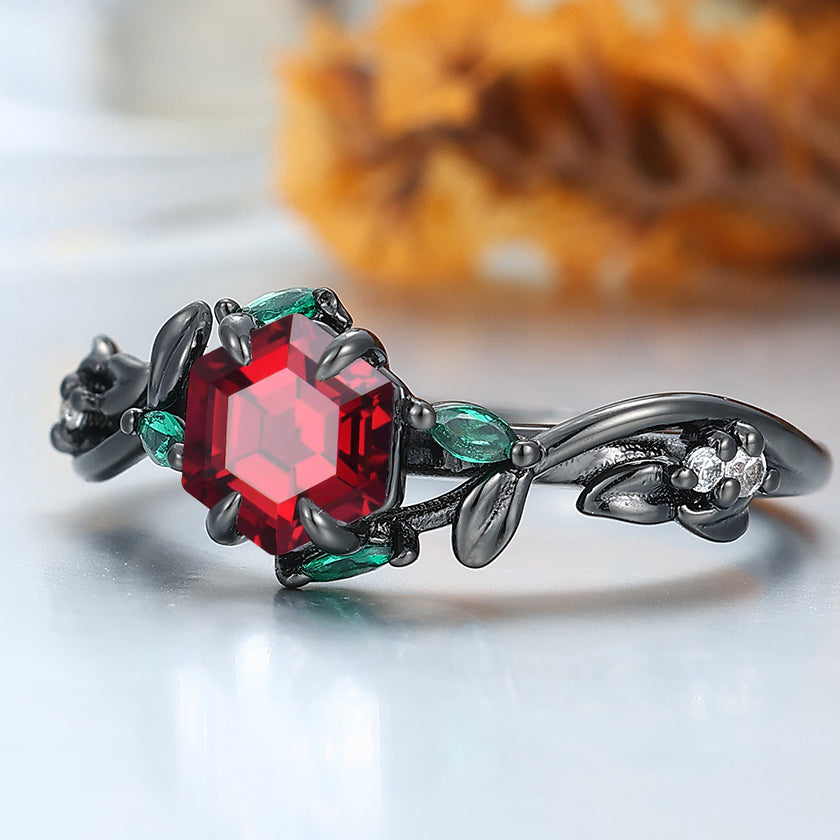 Art Deco Hexagonal Nature Red Garnet Twig 14k Black Gold Engagement Ring Emerald Accents Bridal Ring
