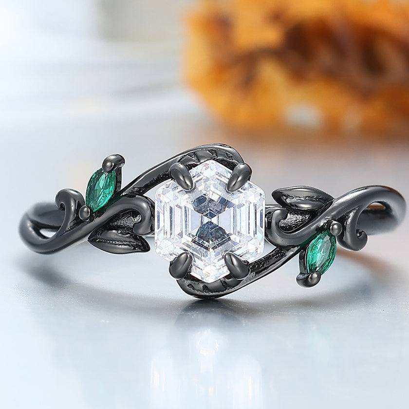 Dainty Hexagonal Cut Moissanite Vines Engagement Ring Emerald Inlay Women Wedding Ring -  Esdomera.com