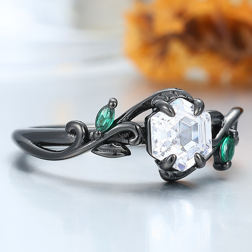Dainty Hexagonal Cut Moissanite Vines Engagement Ring Emerald Inlay Women Wedding Ring -  Esdomera.com
