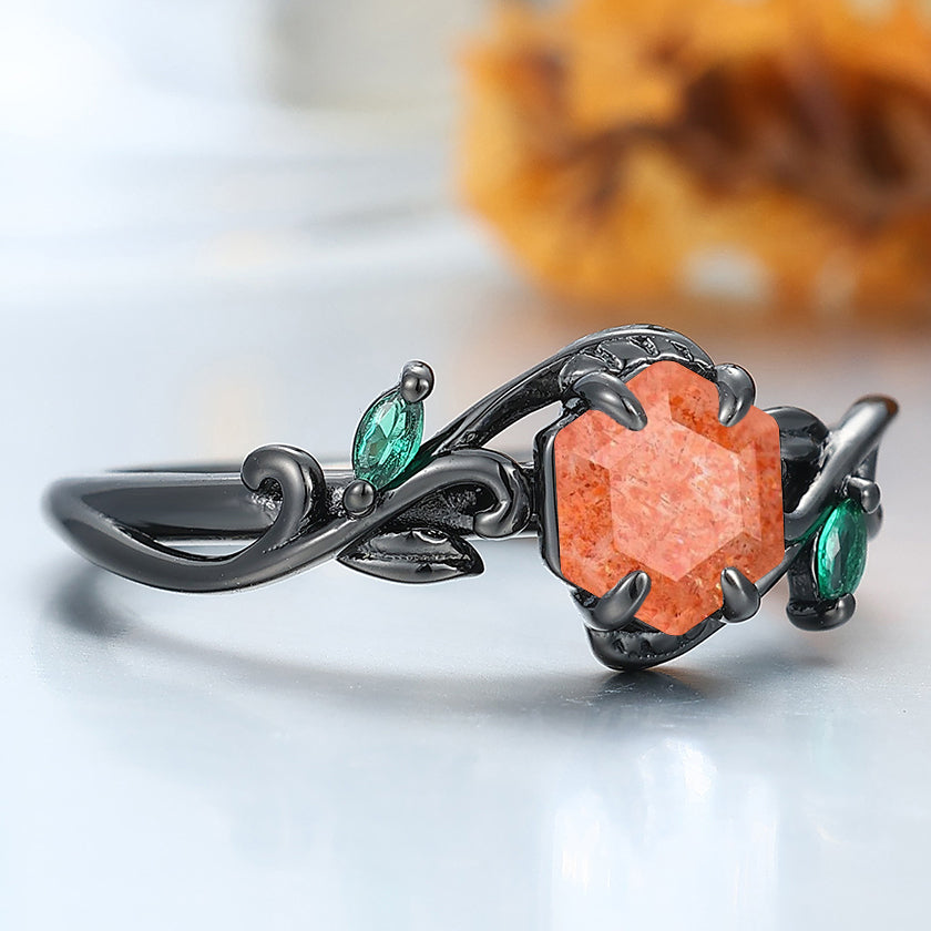 Unique Orange Sunstone Leaf Engagement Ring Nature Inspired Handmade Bridal Ring For Her