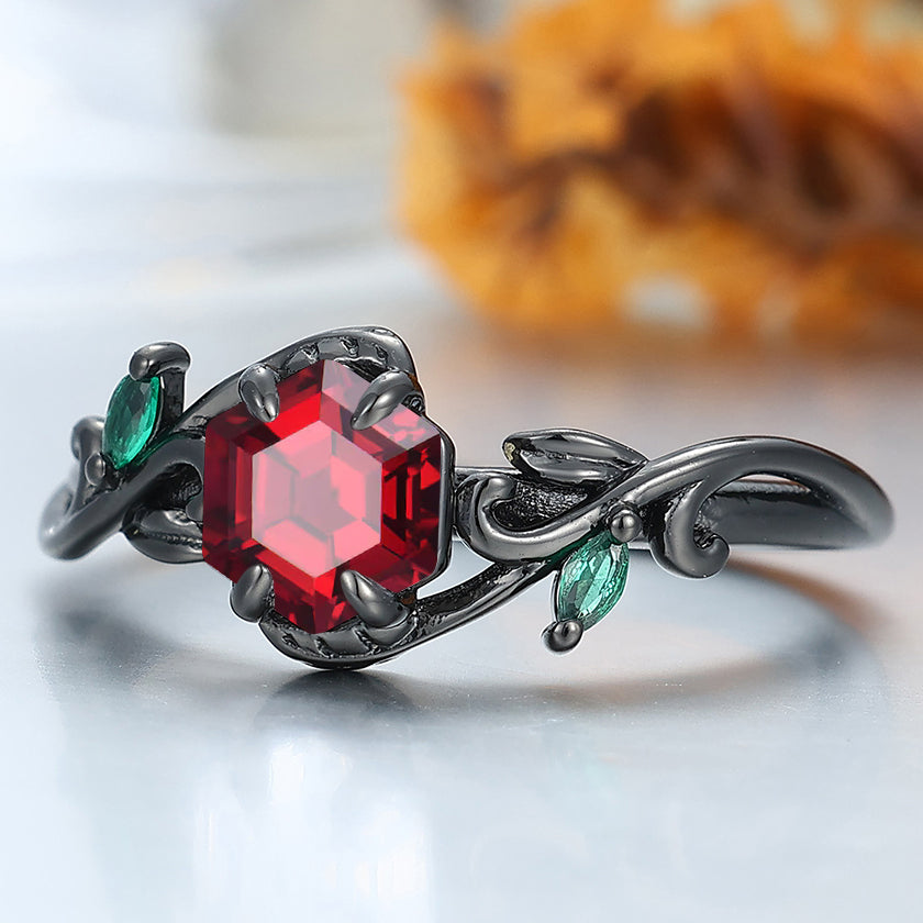 Nature-Inspired Hexagonal Garnet Ring with Twining Vine Design Emerald Inlay Women  Ring Wedding Ring