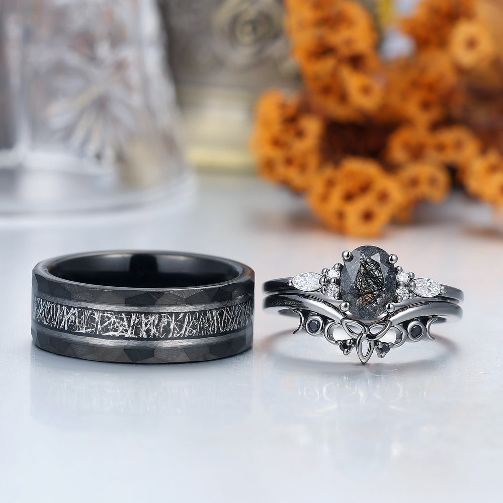 Vintage Oval Natural Black Rutilated Quartz Couple Ring Set Black Plated His And Hers Rings