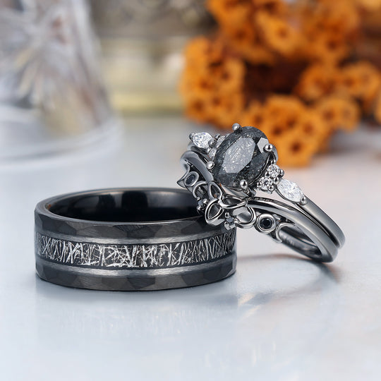 Vintage Oval Natural Black Rutilated Quartz Couple Ring Set Black Plated His And Hers Rings