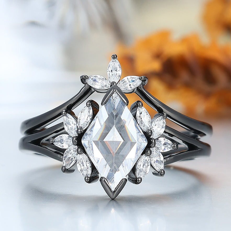 Dazzling Moissanite Cluster Engagement Ring Set Women Black Plated Petal Wedding Ring Set -  Esdomera.com