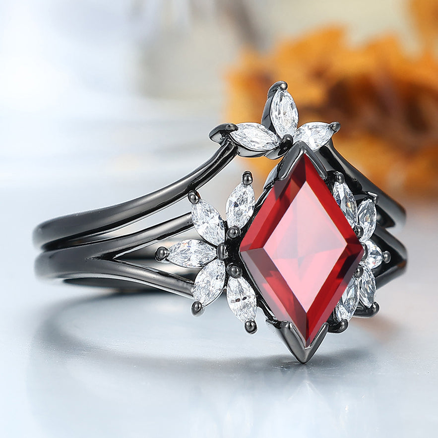 Dazzling Nature 925 Sterling Silver Red Garnet Cluster Engagement Ring Set Women Black Plated Petal Wedding Ring Set