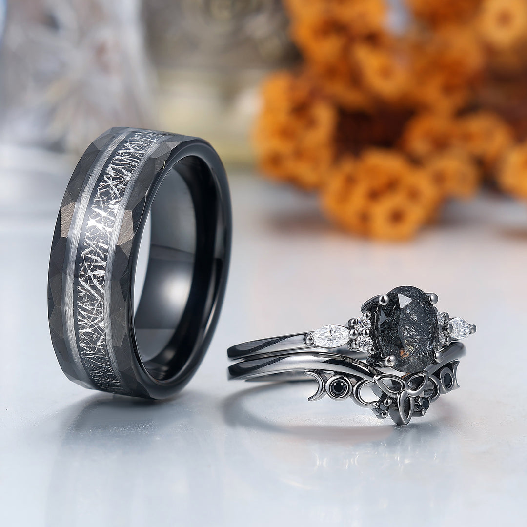 Vintage Oval Natural Black Rutilated Quartz Couple Ring Set Black Plated His And Hers Rings