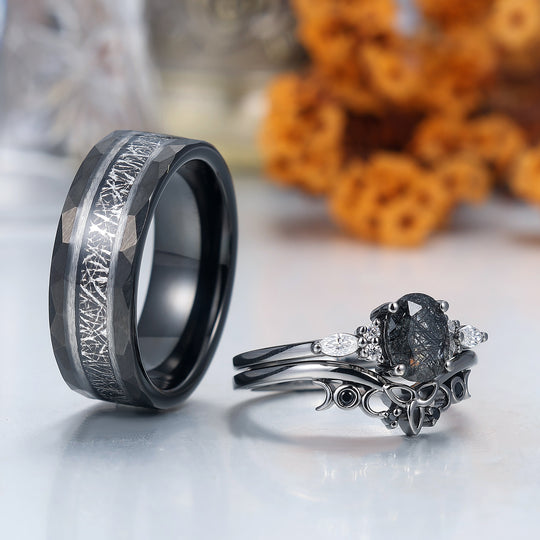 Vintage Oval Natural Black Rutilated Quartz Couple Ring Set Black Plated His And Hers Rings
