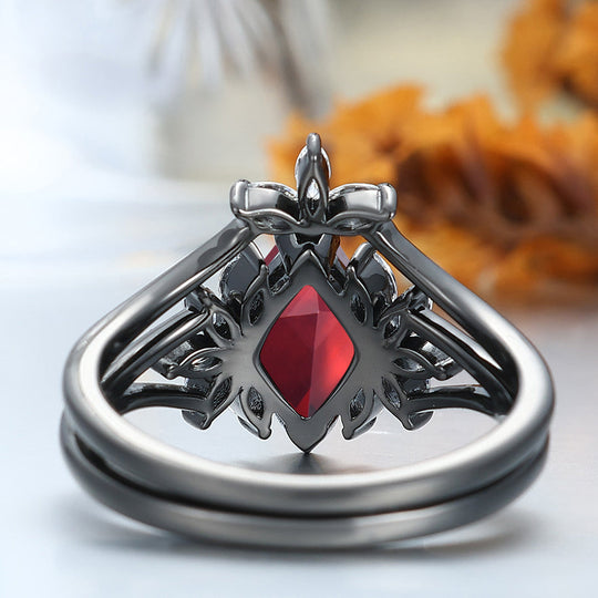 Dazzling Nature 925 Sterling Silver Red Garnet Cluster Engagement Ring Set Women Black Plated Petal Wedding Ring Set