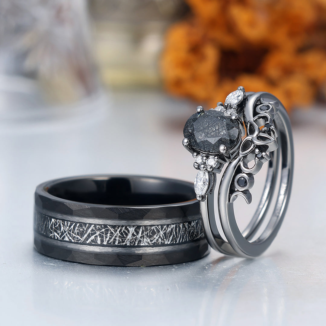 Vintage Oval Natural Black Rutilated Quartz Couple Ring Set Black Plated His And Hers Rings