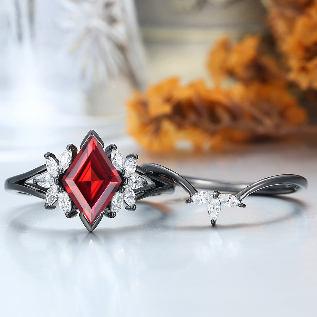 Dazzling Nature 925 Sterling Silver Red Garnet Cluster Engagement Ring Set Women Black Plated Petal Wedding Ring Set