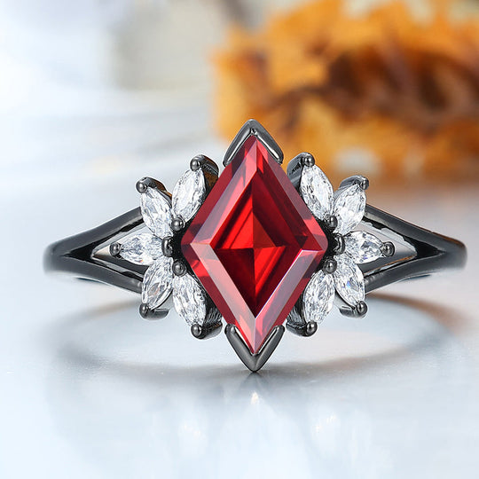 Art Deco 2CT Rhombus Cut 14k Black Gold  Nature Red Garnet Petal Engagement Ring Women Fine Ring