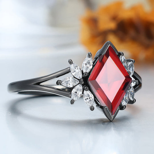 Art Deco 2CT Rhombus Cut 14k Black Gold  Nature Red Garnet Petal Engagement Ring Women Fine Ring
