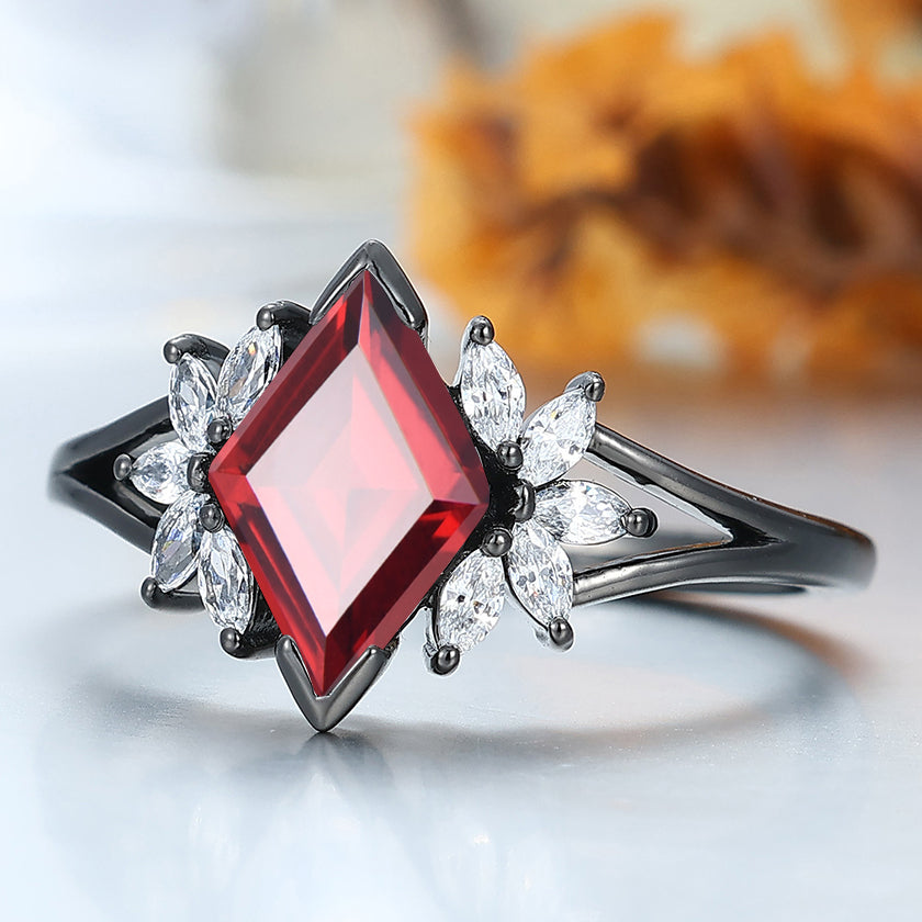 Art Deco 2CT Rhombus Cut 14k Black Gold  Nature Red Garnet Petal Engagement Ring Women Fine Ring