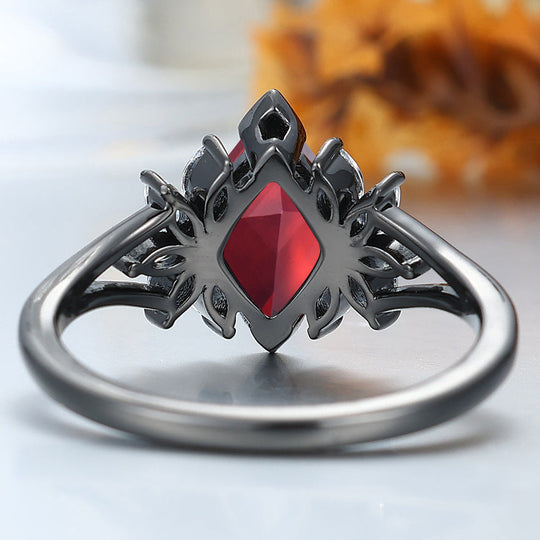 Art Deco 2CT Rhombus Cut 14k Black Gold  Nature Red Garnet Petal Engagement Ring Women Fine Ring