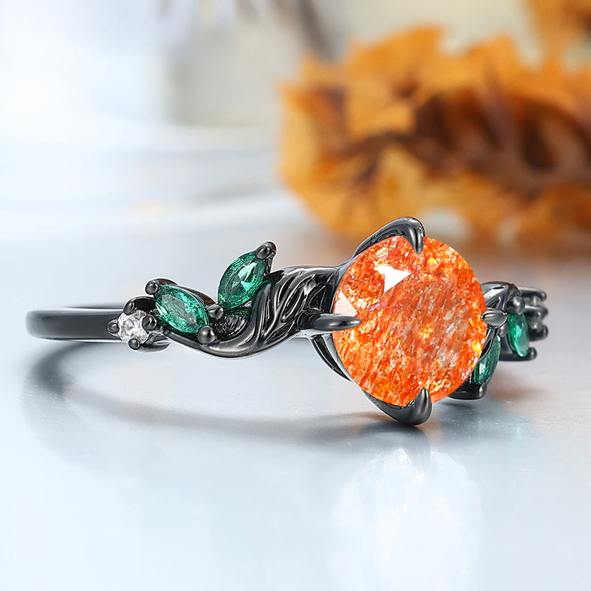 Nature-inspired Antique Sprig Natural Sunstone Engagement Ring Accents Emerald Promise Wedding Ring