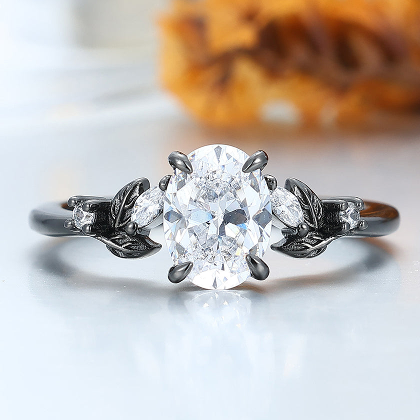 Prongs Setting Oval Moissanite Engagement Ring Black Plated Leaf Wedding Ring -  Esdomera.com