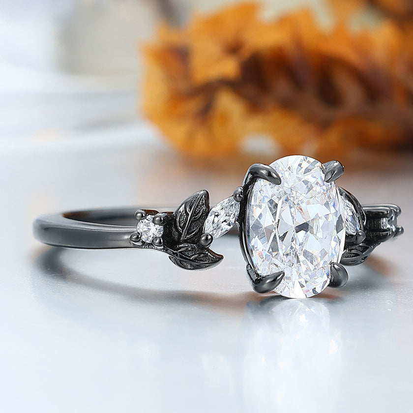Prongs Setting Oval Moissanite Engagement Ring Black Plated Leaf Wedding Ring -  Esdomera.com