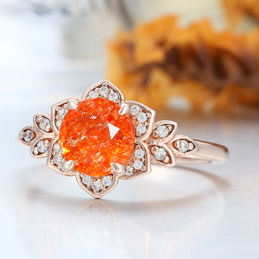 1.25CT Round Cut Natural Sunstone Engagement Ring Cluster Moissanite Ring