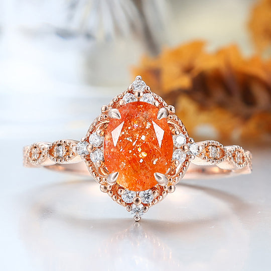 Anillo de compromiso de piedra solar natural ovalada de 1.5CT con moissanitas incrustadas para mujer