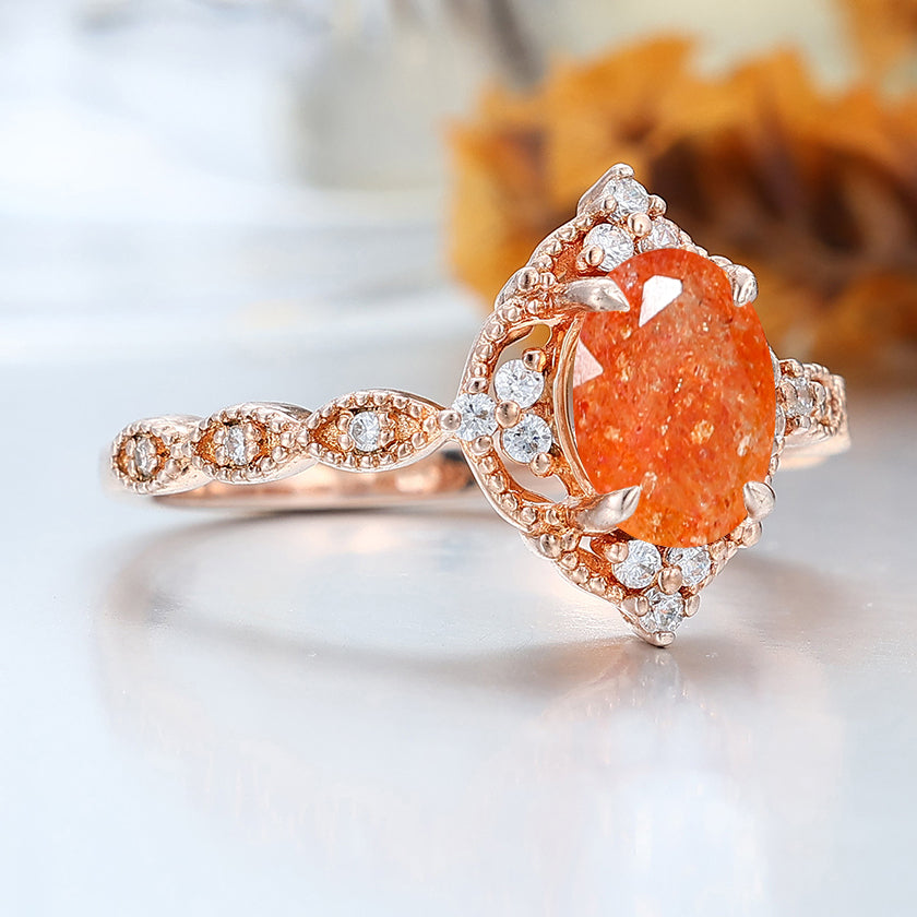 Anillo de compromiso de piedra solar natural ovalada de 1.5CT con moissanitas incrustadas para mujer