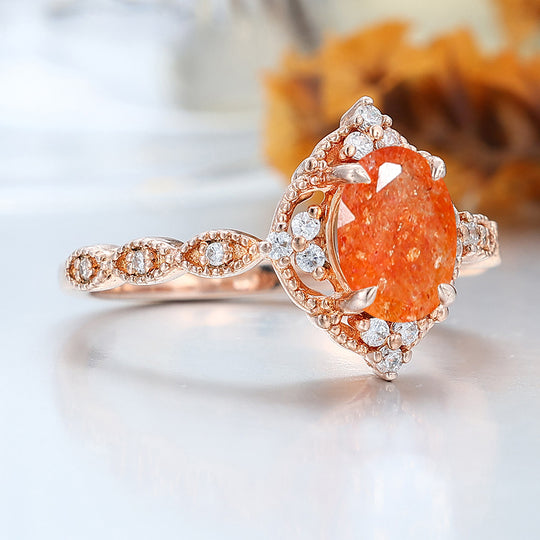 Anillo de compromiso de piedra solar natural ovalada de 1.5CT con moissanitas incrustadas para mujer