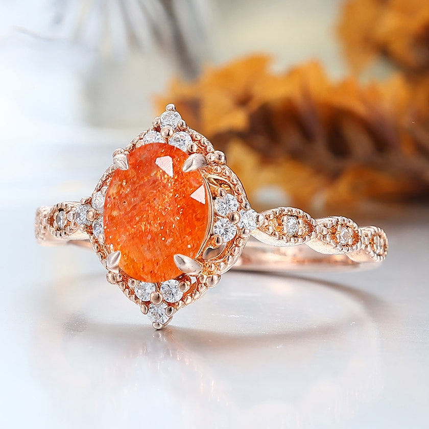 Anillo de compromiso de piedra solar natural ovalada de 1.5CT con moissanitas incrustadas para mujer