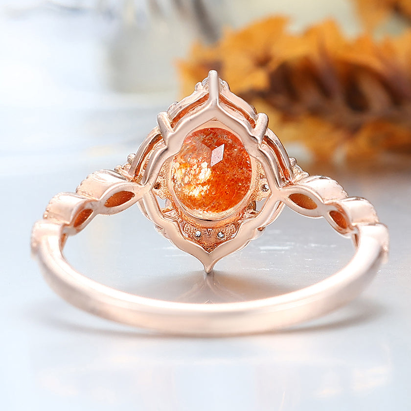 Anillo de compromiso de piedra solar natural ovalada de 1.5CT con moissanitas incrustadas para mujer