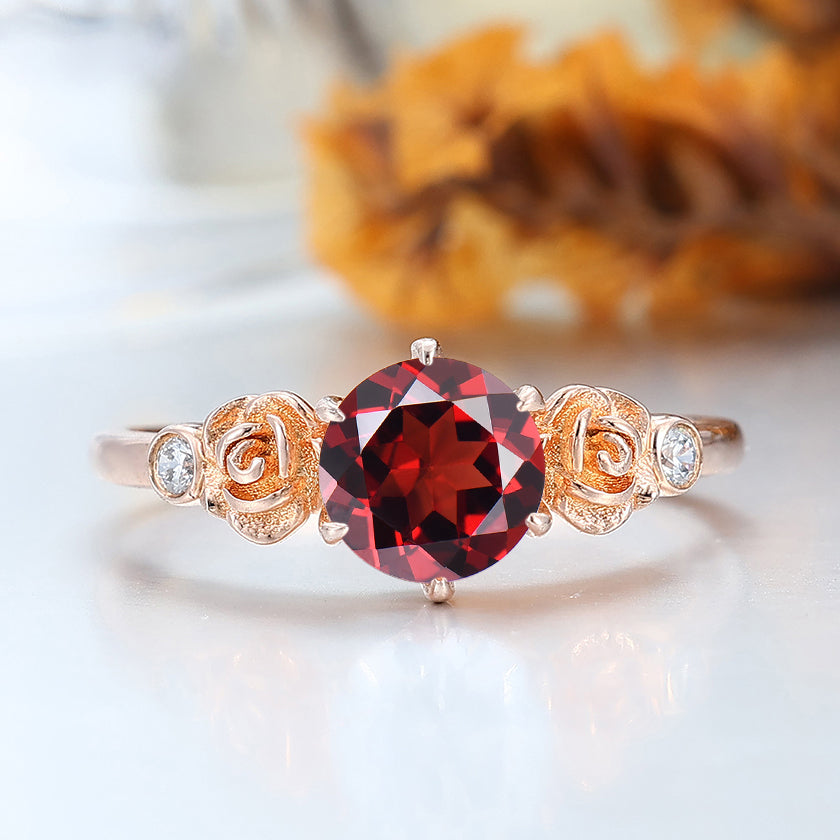 Noble 14k Rose Gold  Round Cut Nature Red Garnet Rose Shaped Wedding Ring Women Fine Ring -  Esdomera.com