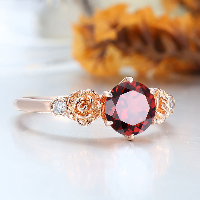 Noble 14k Rose Gold  Round Cut Nature Red Garnet Rose Shaped Wedding Ring Women Fine Ring -  Esdomera.com
