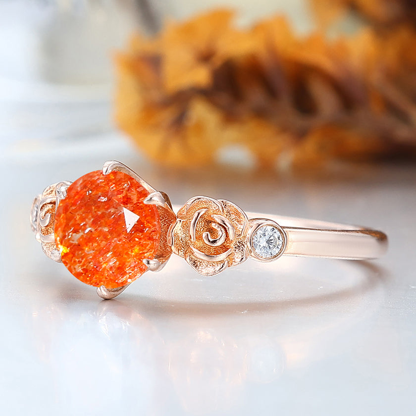 Round Cut Natural Sunstone Engagement Ring Rose Shape Bridal Ring