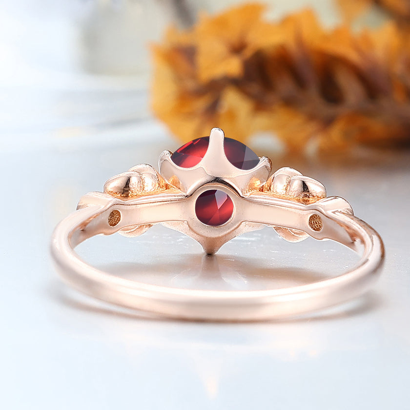 Noble 14k Rose Gold  Round Cut Nature Red Garnet Rose Shaped Wedding Ring Women Fine Ring