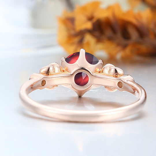 Noble 14k Rose Gold  Round Cut Nature Red Garnet Rose Shaped Wedding Ring Women Fine Ring