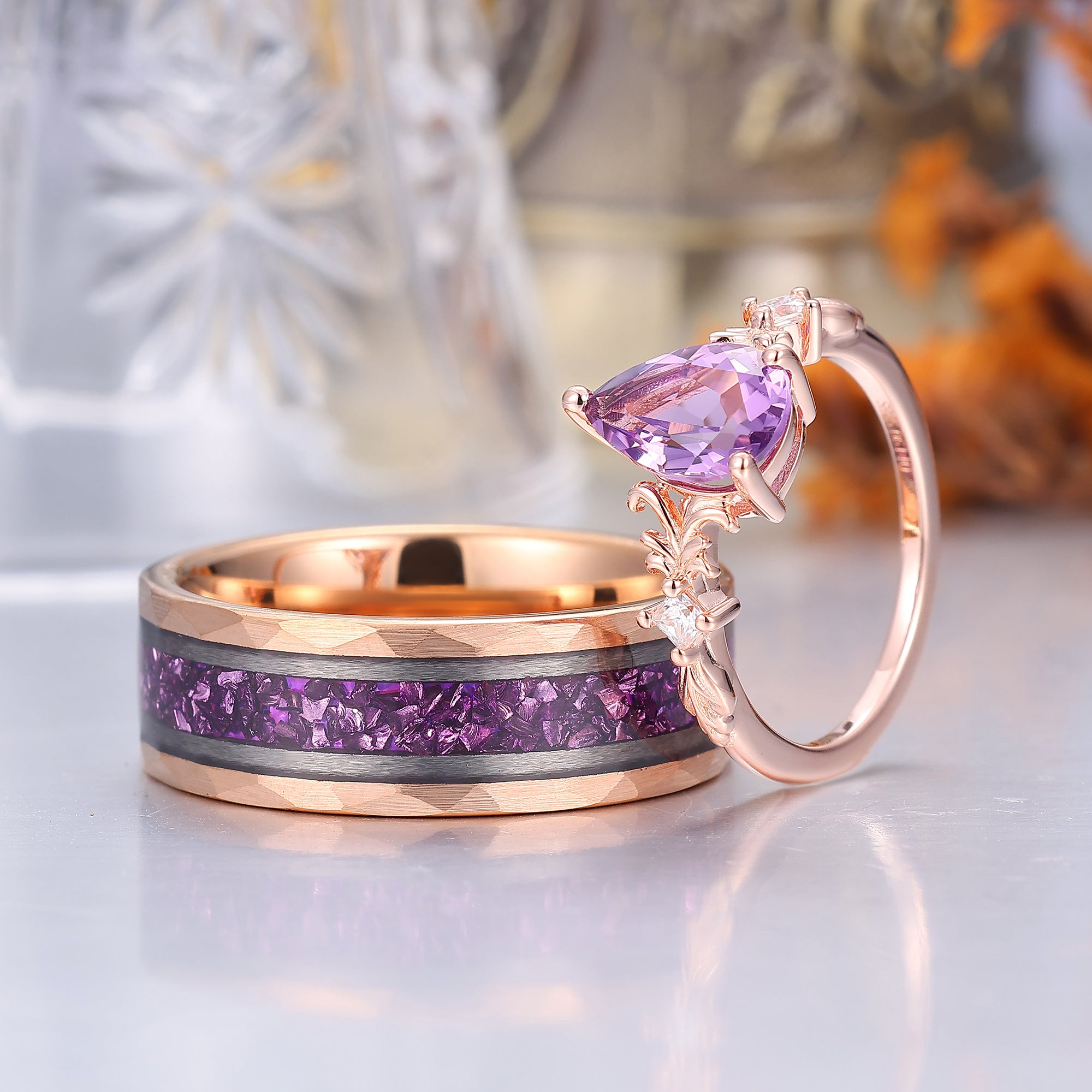 Nature Inspired Amethyst S925 And Tungsten Couples Ring His And Hers M