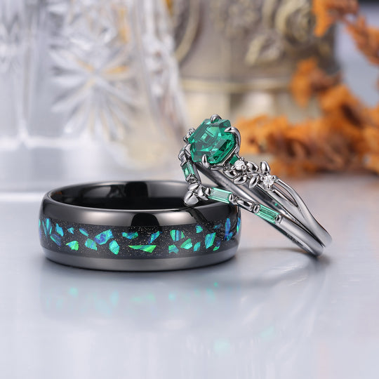 Anillos a juego grabados de trigo esmeralda verde para hombre y mujer, juego de anillos de esmeralda