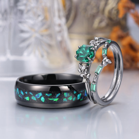 Anillos a juego grabados de trigo esmeralda verde para hombre y mujer, juego de anillos de esmeralda