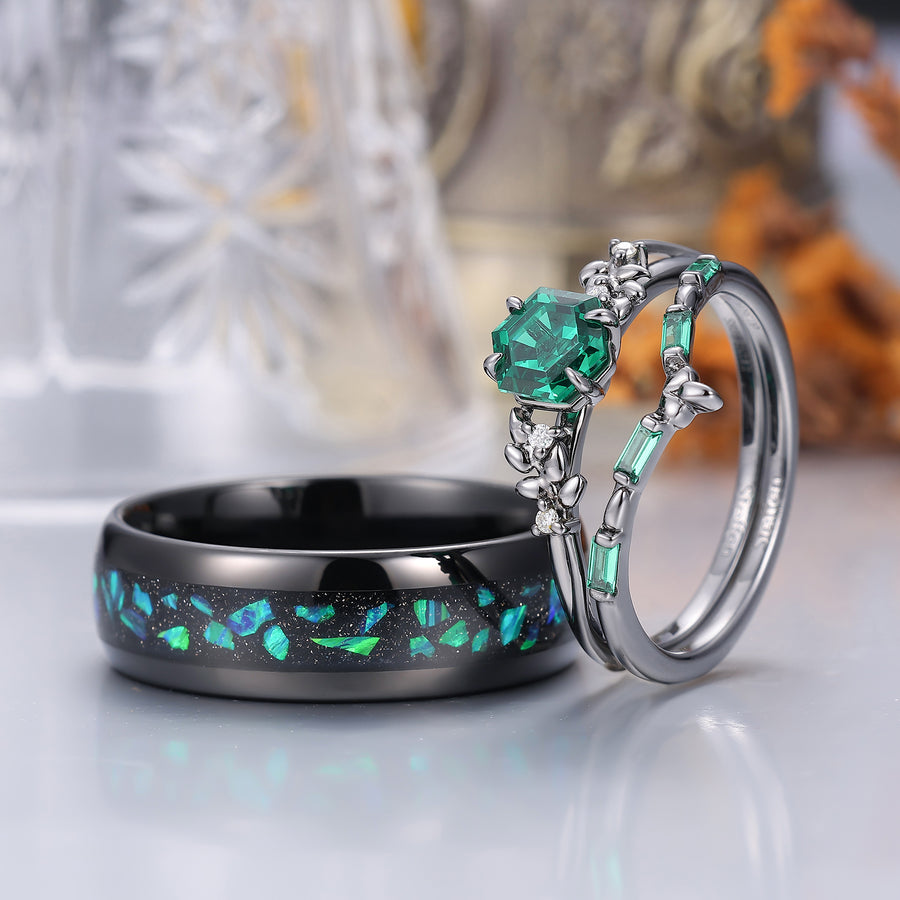Anillos a juego grabados de trigo esmeralda verde para hombre y mujer, juego de anillos de esmeralda