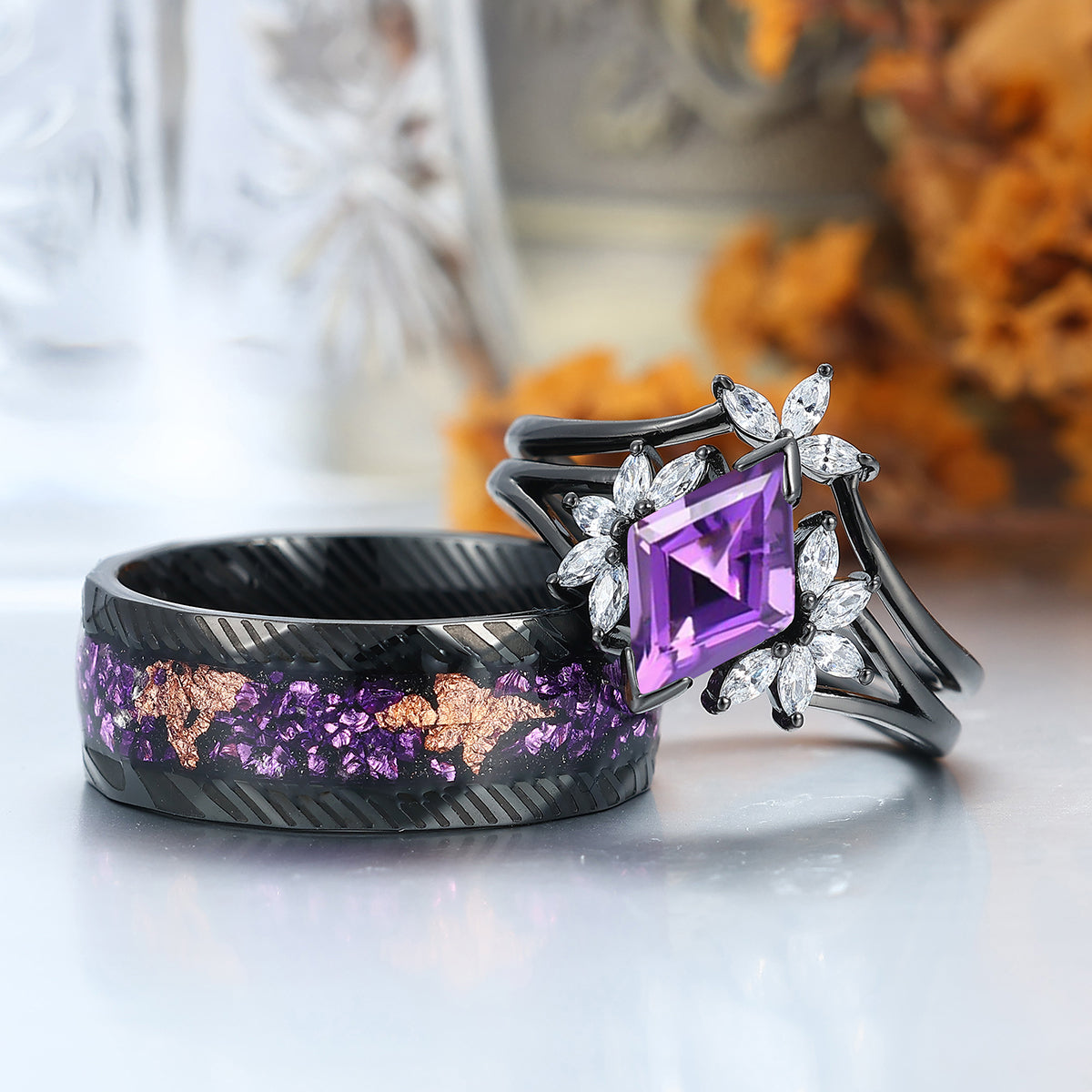 Delicate Amethyst Petal Engagement Couple Rings Set Matching Promise P