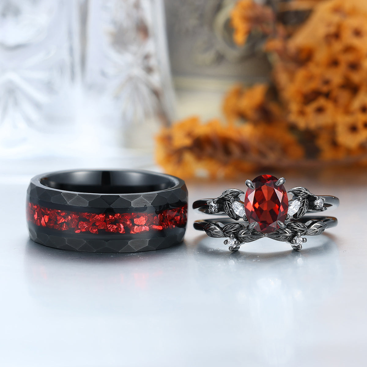 Elegant Red Garnet Leaf Accents Engagement Rings For Couples Hammered Ruby Tungsten Bands -  Esdomera.com
