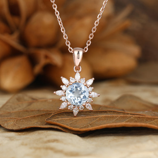 Flower Collana con Pendente in Acquamarina con Moissaniti Incastonate a Pavé per Anniversario e Sposa