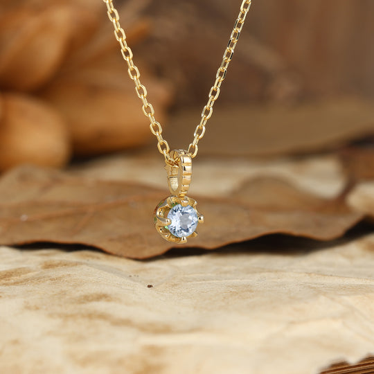 Round Shape Ciondolo Piccolo Acquamarina Collana Oro Giallo Collana Donna