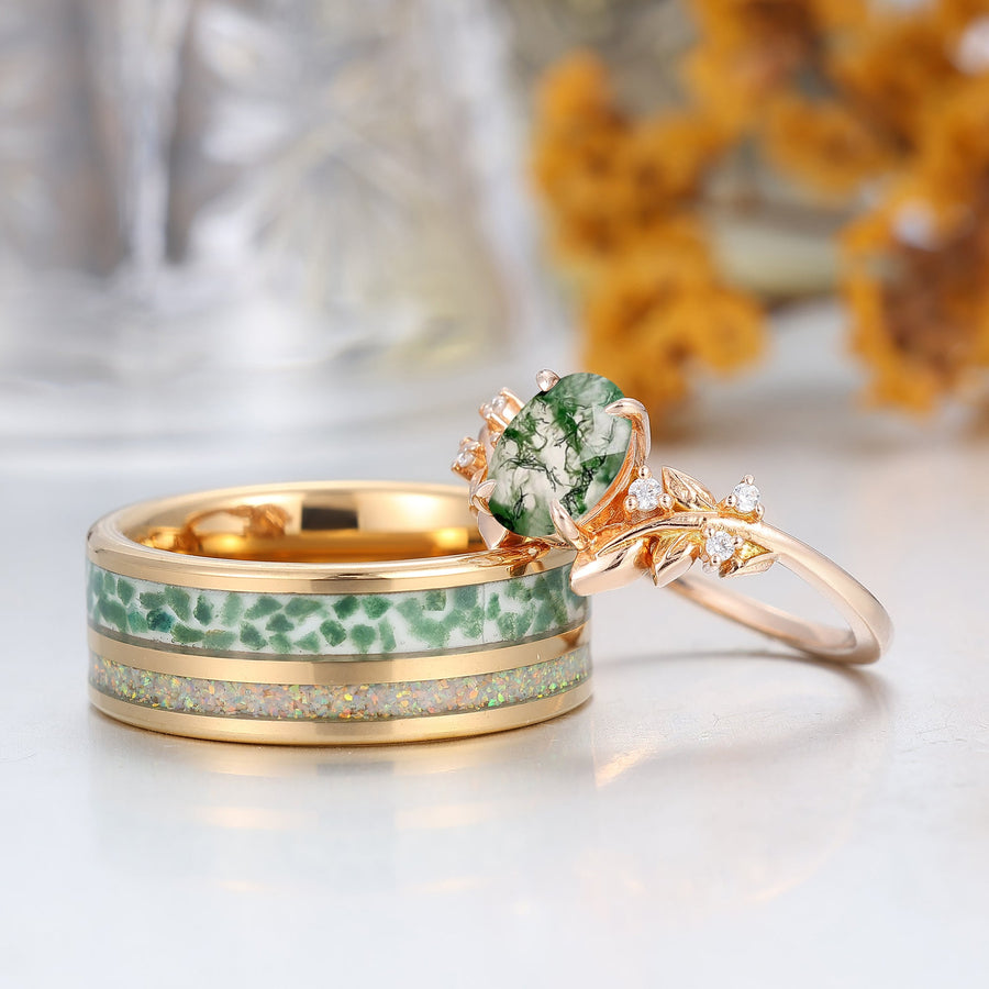 Natural Moss Agate Engraved Leaf Twig Couple Ring Unique Matching Rings Set For Couples