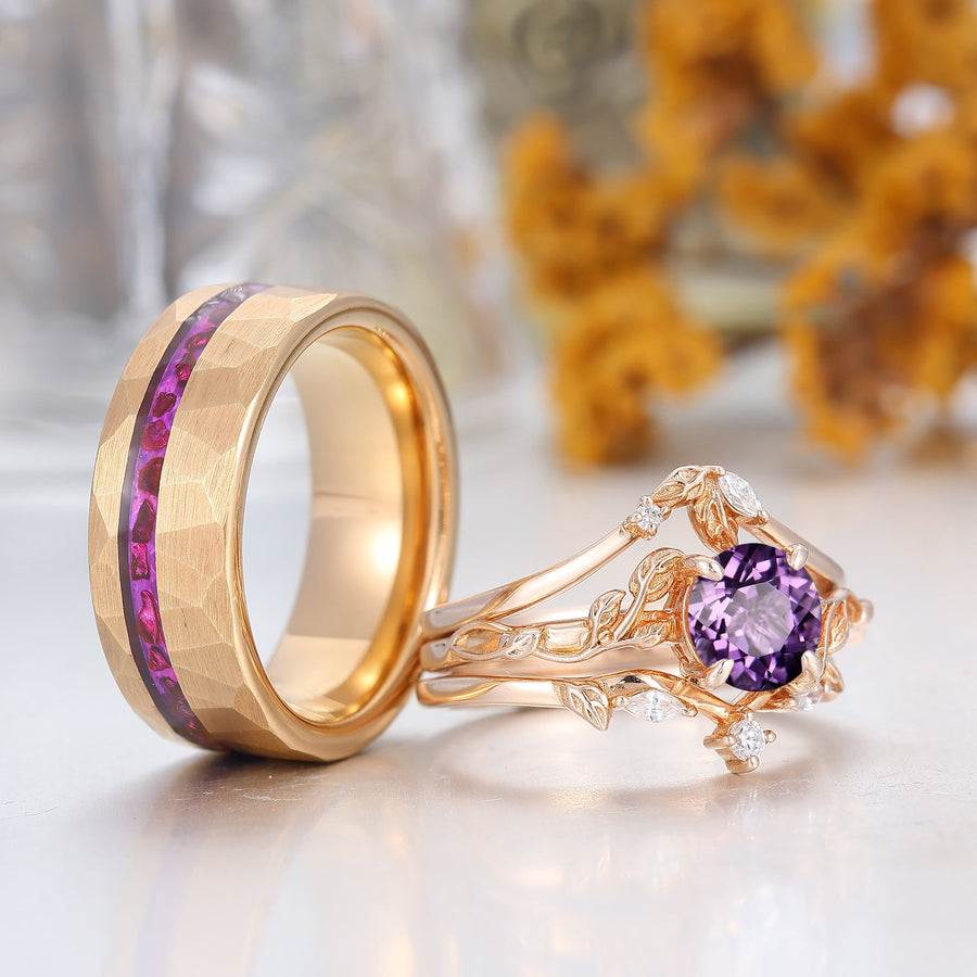 Anillo para parejas de amatista púrpura natural con diseño de hoja de vid S925 y anillos de tungsteno para él y para ella
