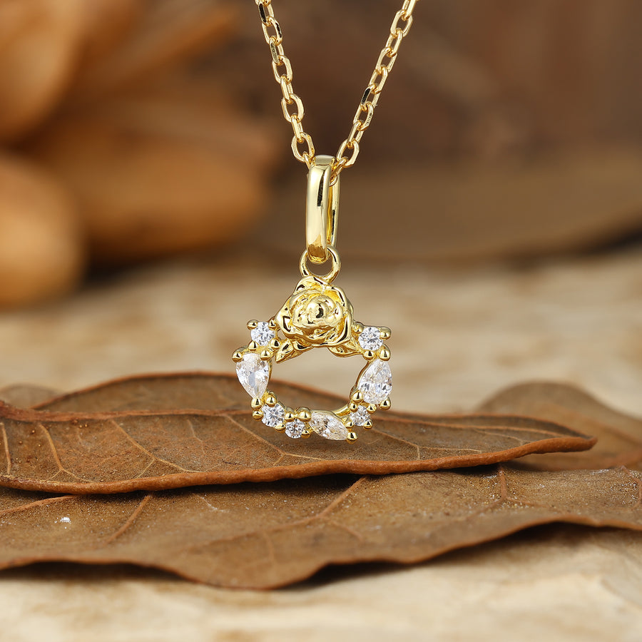 Wreath Rose Relief Moissanites Inlay Pendant Necklace 14K Solid Gold Women Pendant.