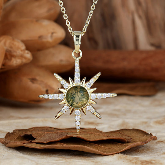 Delicaat rond geslepen natuurlijke mosagaat stervormige hanger ketting 14K gouden ketting voor dames
