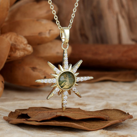 Delicaat rond geslepen natuurlijke mosagaat stervormige hanger ketting 14K gouden ketting voor dames