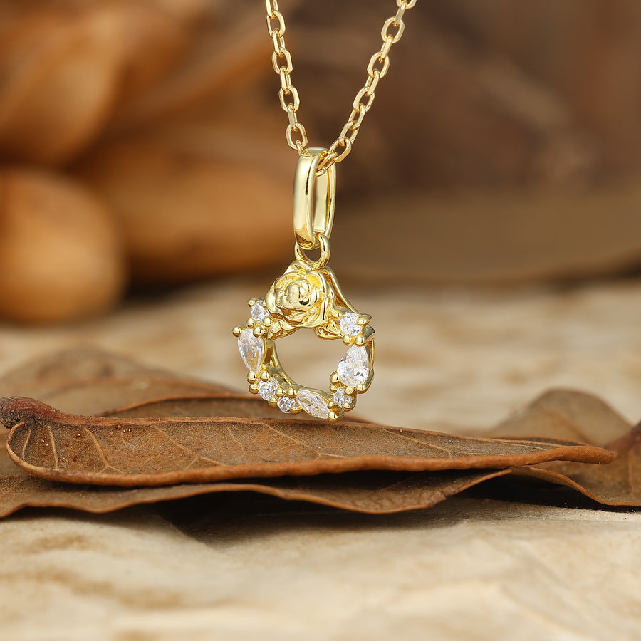 Wreath Rose Relief Moissanites Inlay Pendant Necklace 14K Solid Gold Women Pendant.